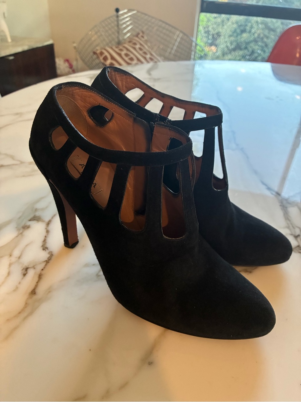 Alaia Black Suede Cutout T-Strap Ankle Booties